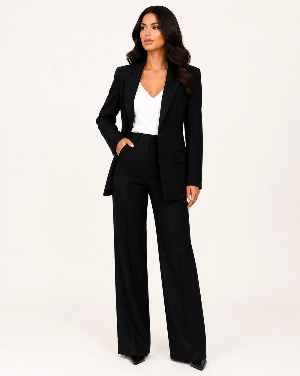 Women's tailored blazer and wide-leg trousers set – 03 black three quarter