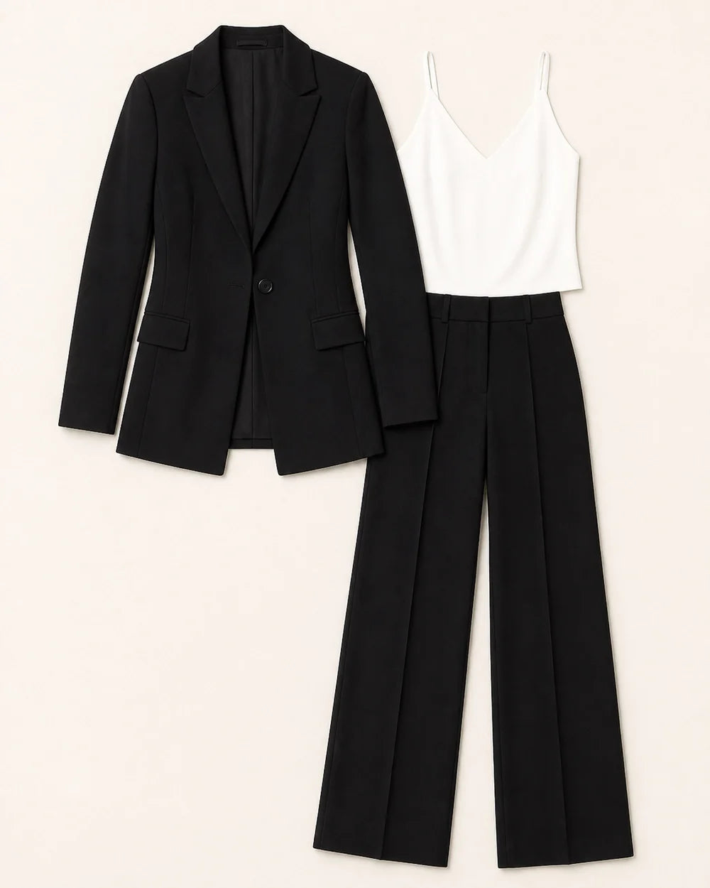 Women's tailored blazer and wide-leg trousers set – 08 black flatlay