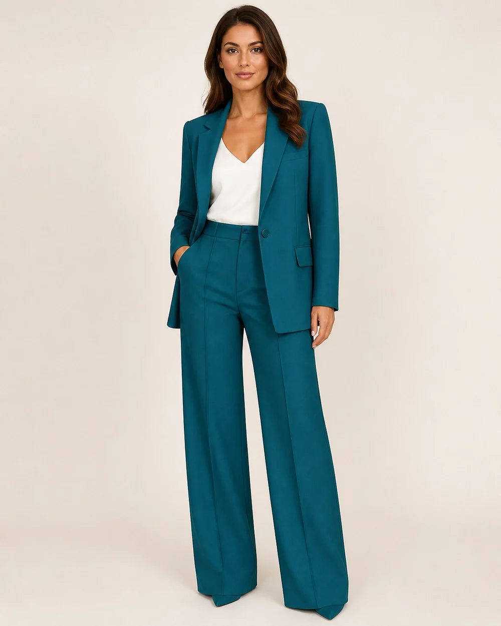 Women's tailored blazer and wide-leg trousers set – 12 petrol blue hero