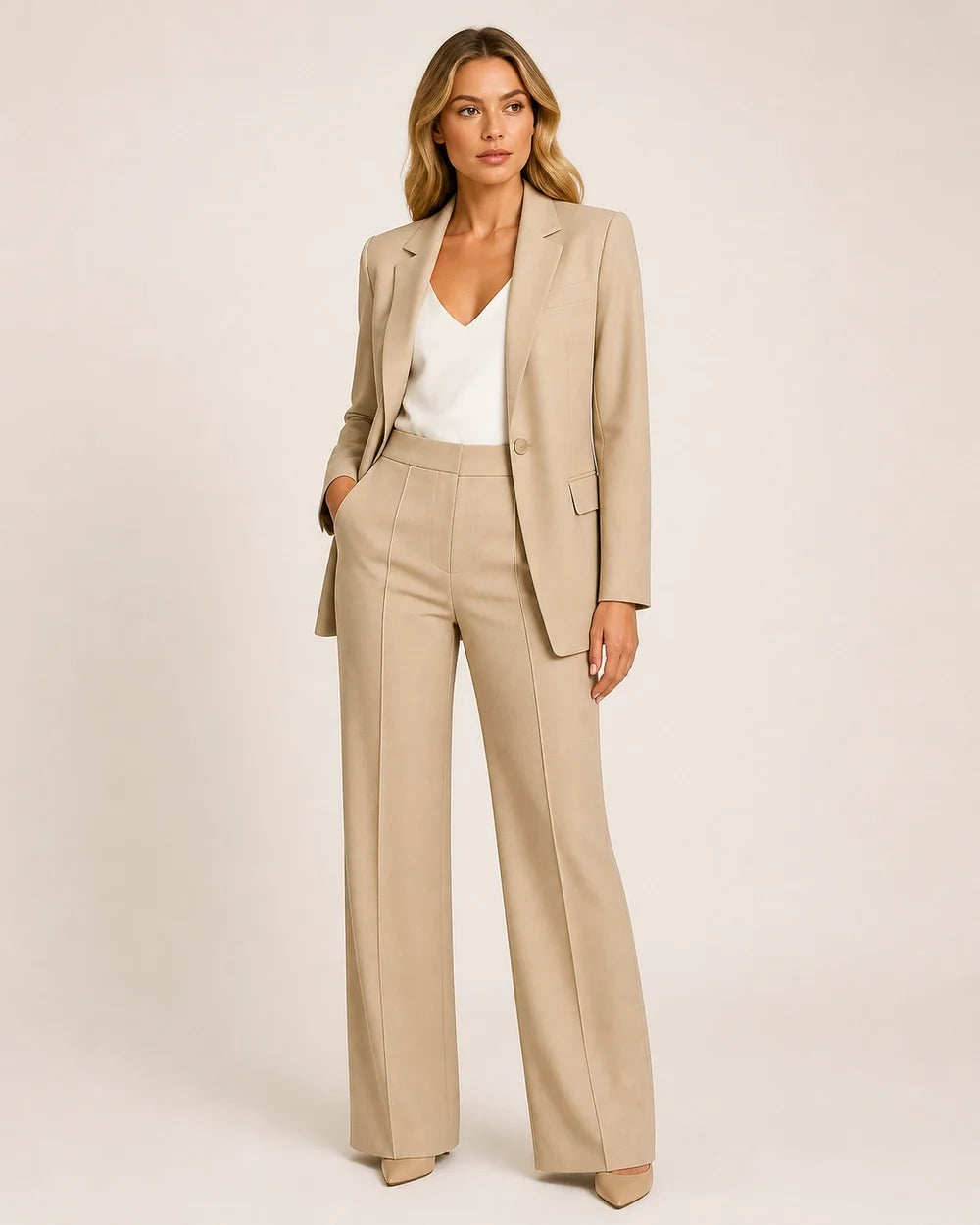 Women's tailored blazer and wide-leg trousers set – 14 beige hero