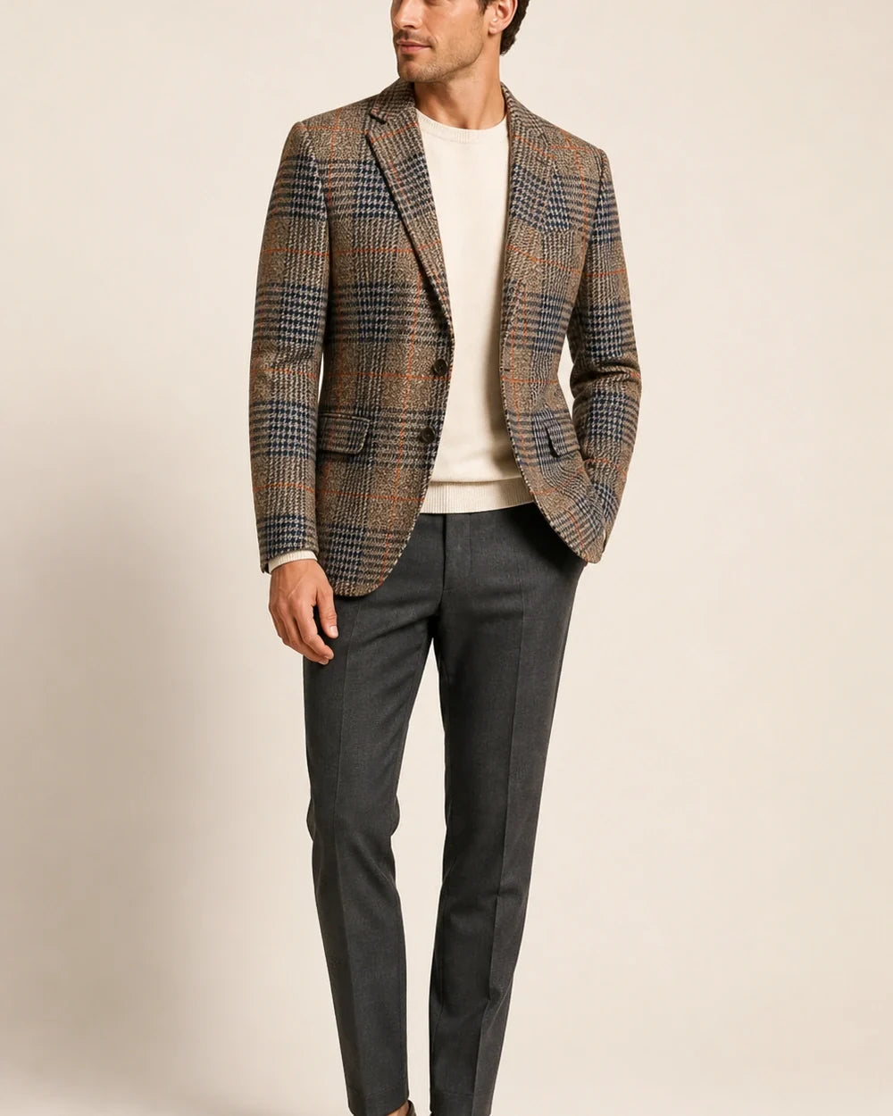Brown plaid blazer for men, worn full-length front hero view.