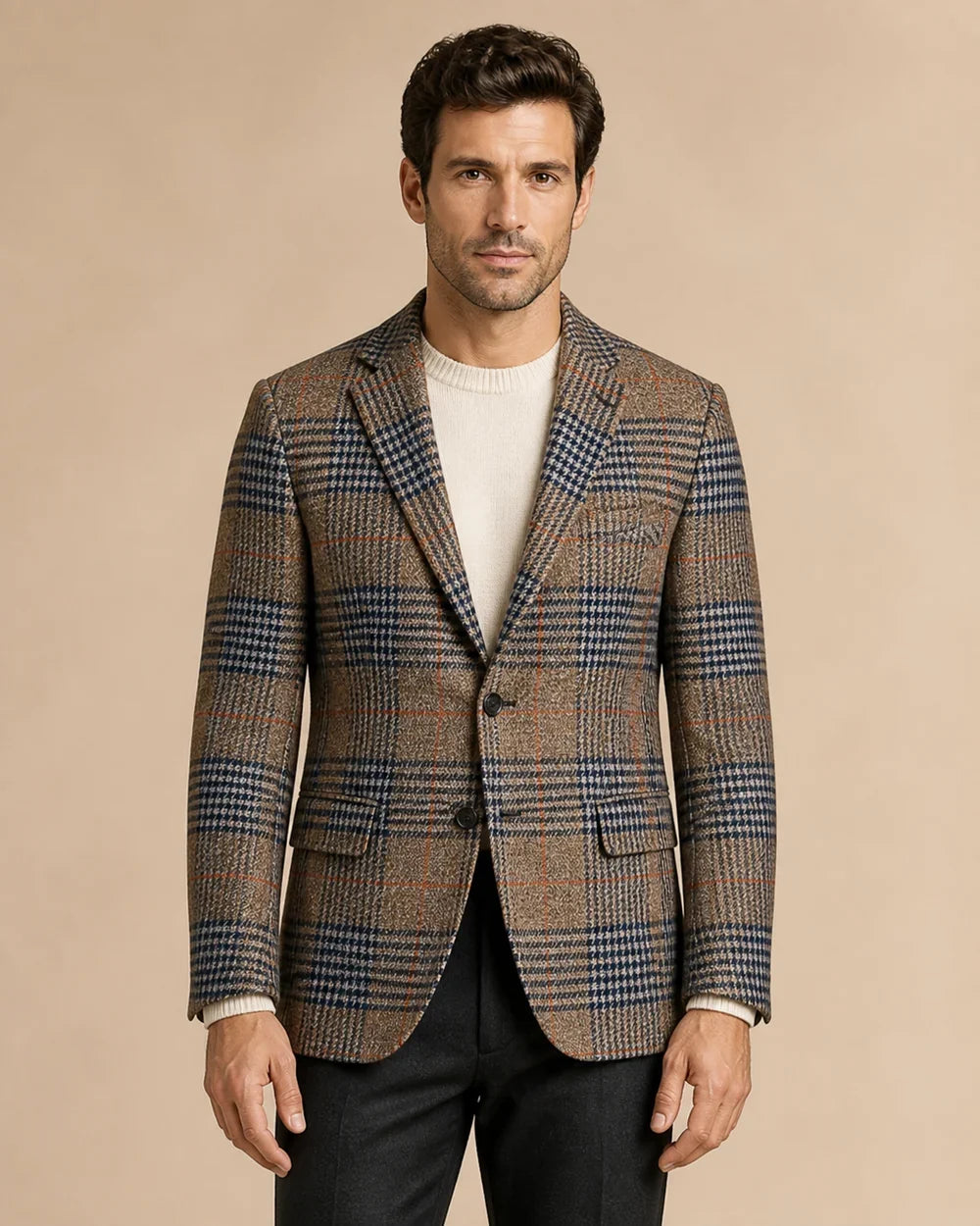 Brown plaid blazer for men, straight-on front view.