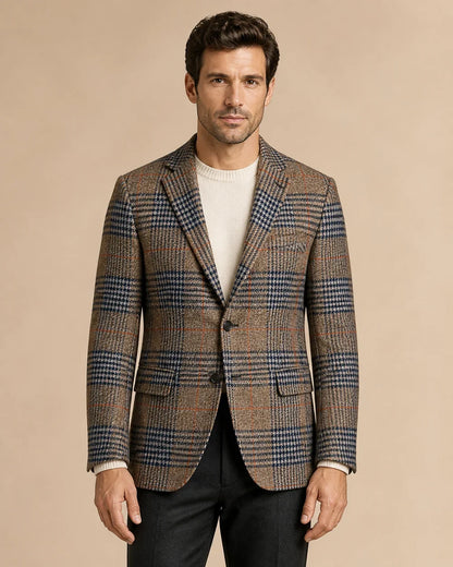 Brown plaid blazer for men, straight-on front view.