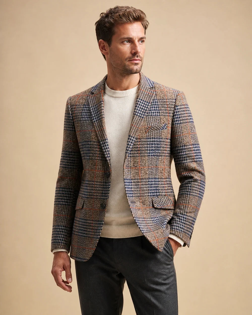 Brown plaid blazer for men, three-quarter worn view.