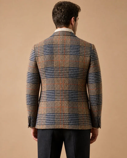 Brown plaid blazer for men, back view.
