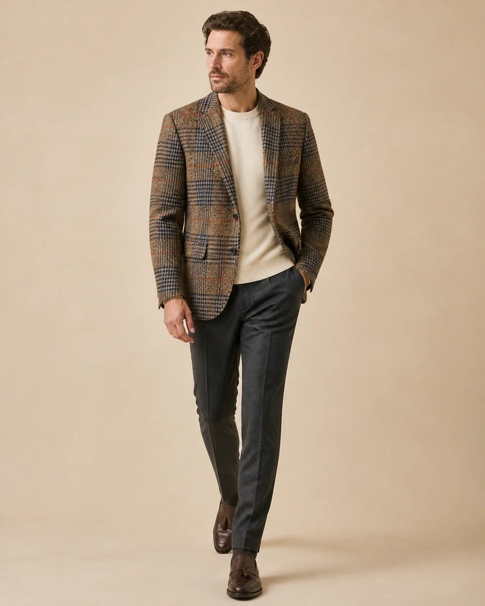 Brown plaid blazer for men, walking studio view.