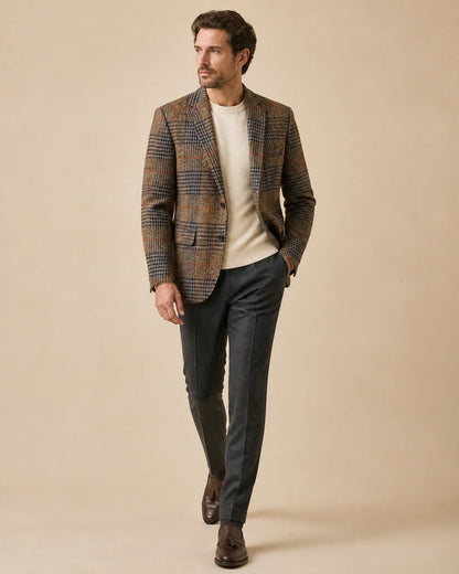 Brown plaid blazer for men, walking studio view.