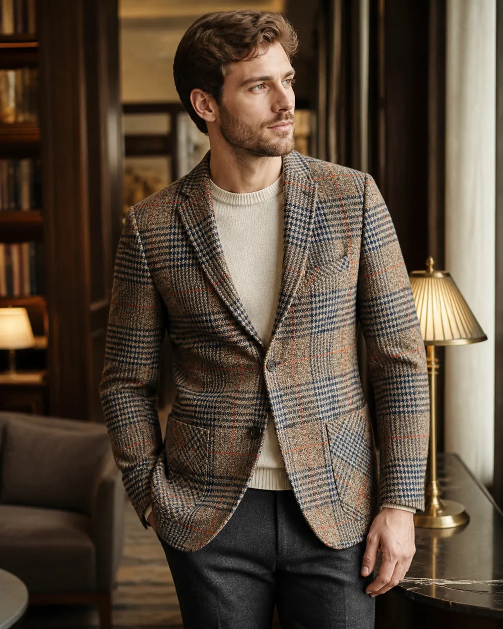 Brown plaid blazer for men, refined lifestyle view.