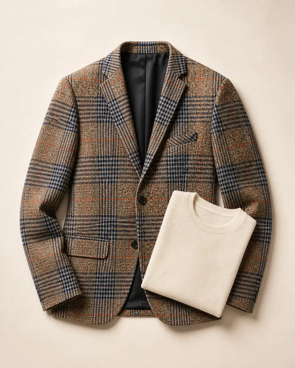 Brown plaid blazer for men, flat-lay product view.