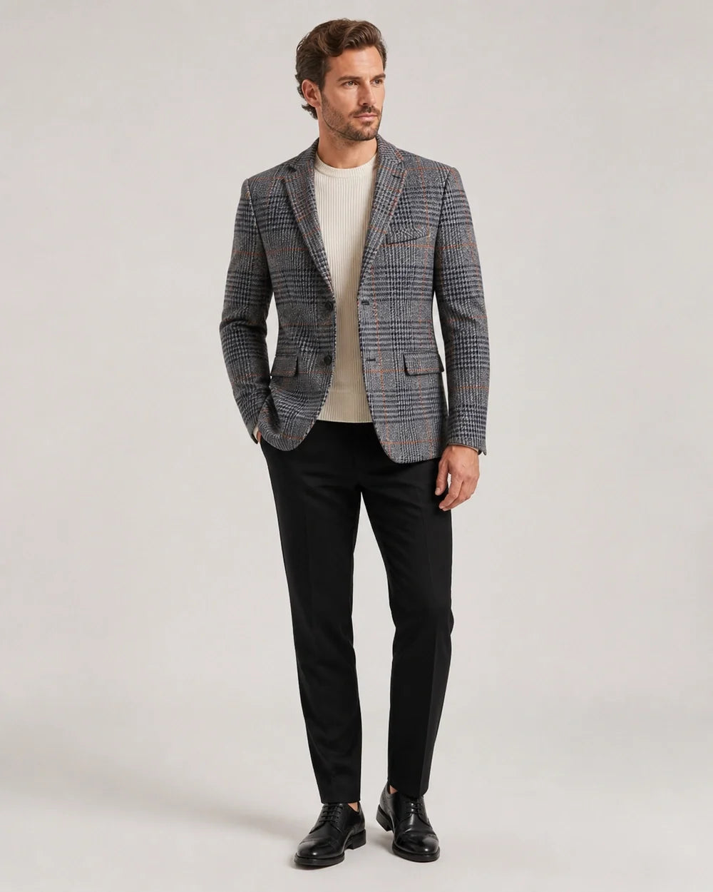 Grey plaid blazer for men, worn full-length hero view.