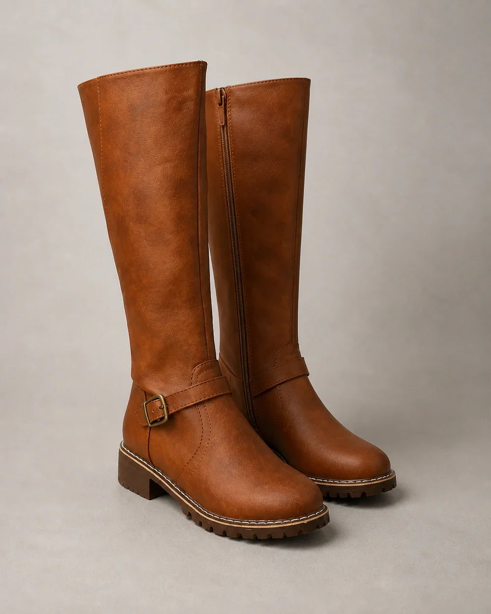 Momount Women Buckle-Strap Knee-High Boots – Brown product only