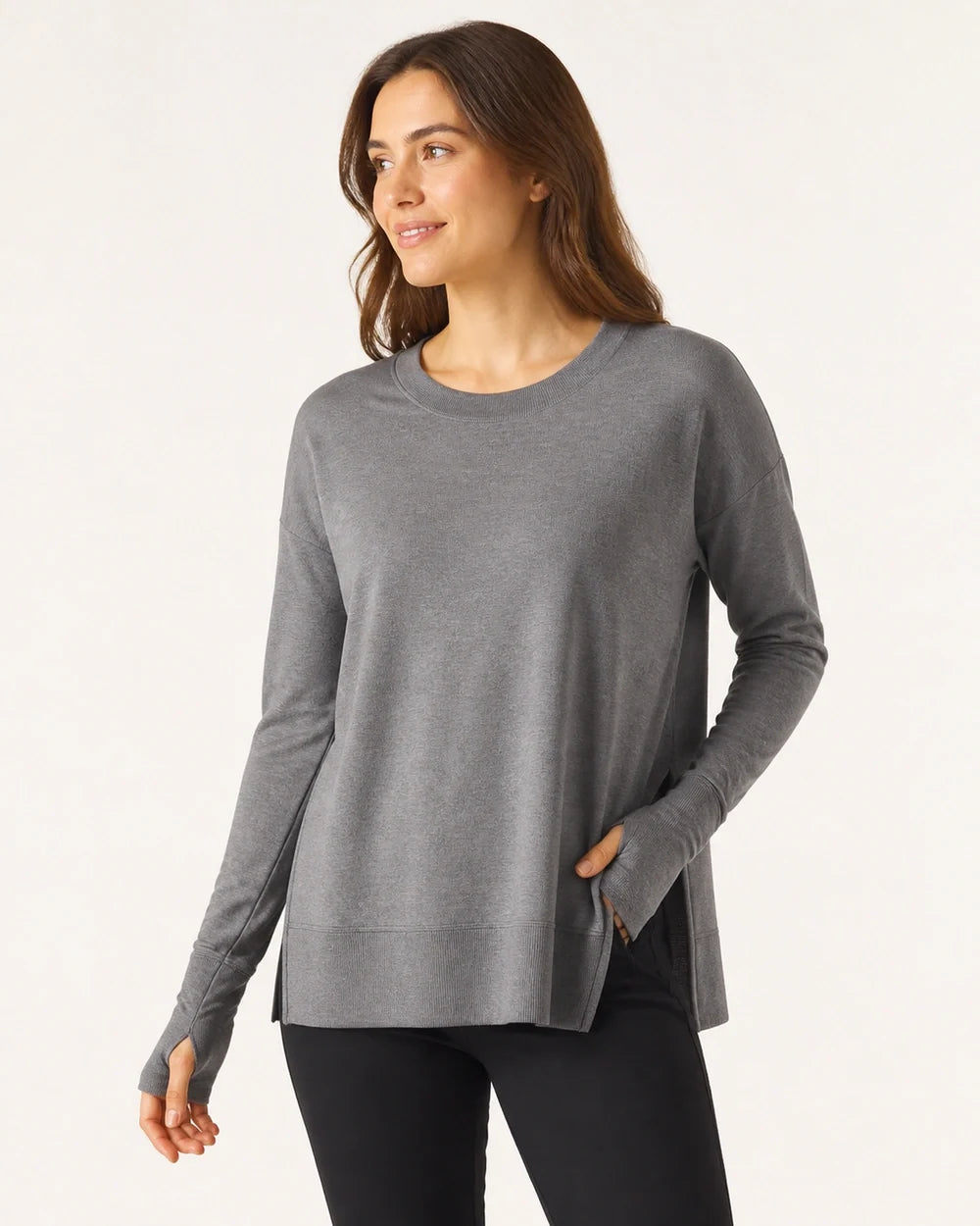 Women's charcoal dolman thumbhole pullover, product-first worn front view