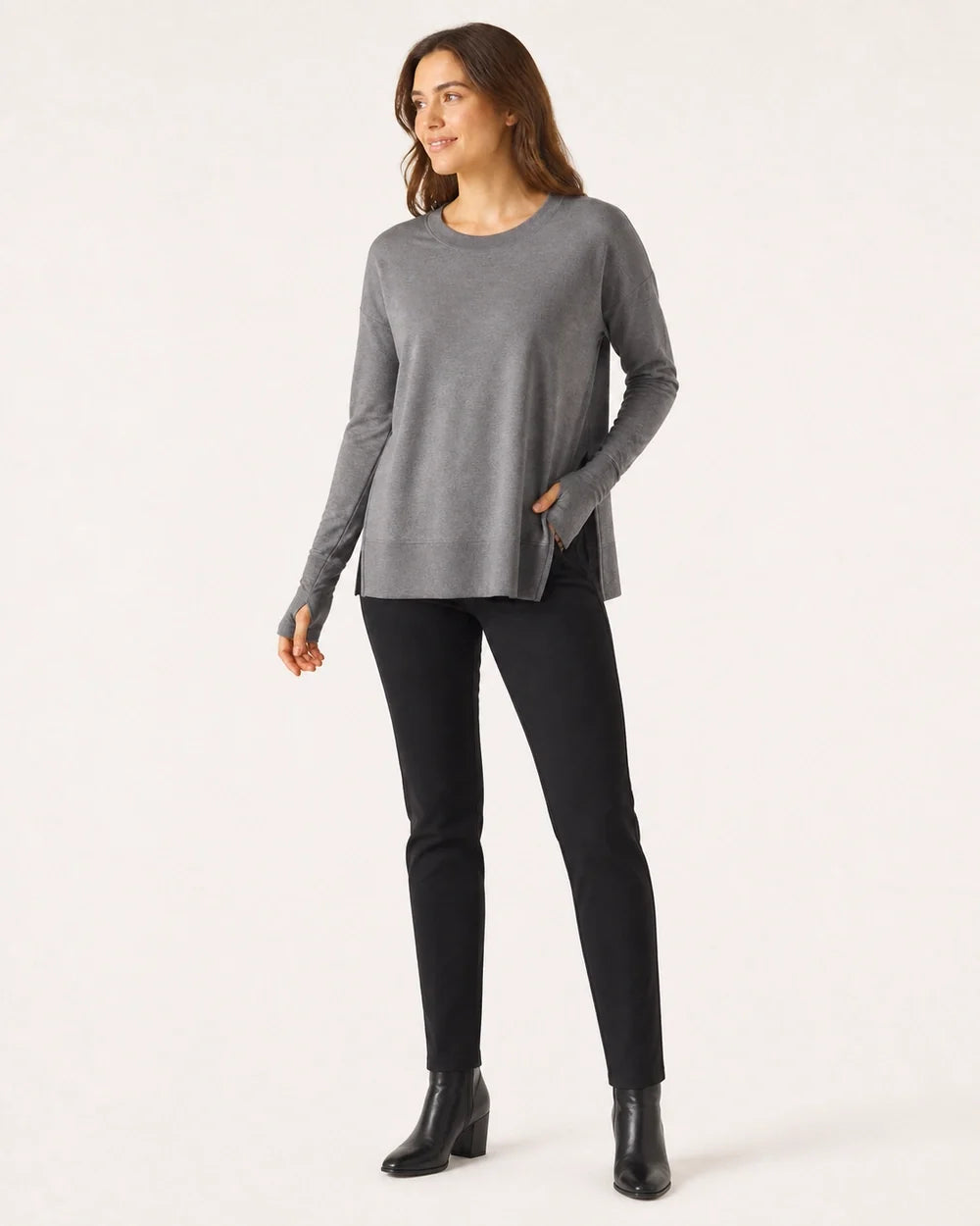 Women's charcoal dolman thumbhole pullover, full-length styled view