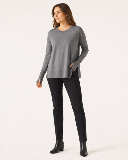 Women's charcoal dolman thumbhole pullover, full-length styled view