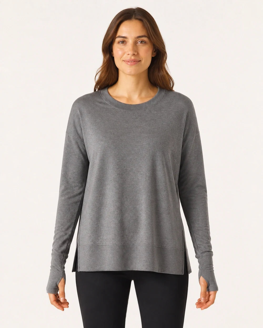 Women's charcoal dolman thumbhole pullover, straight front view