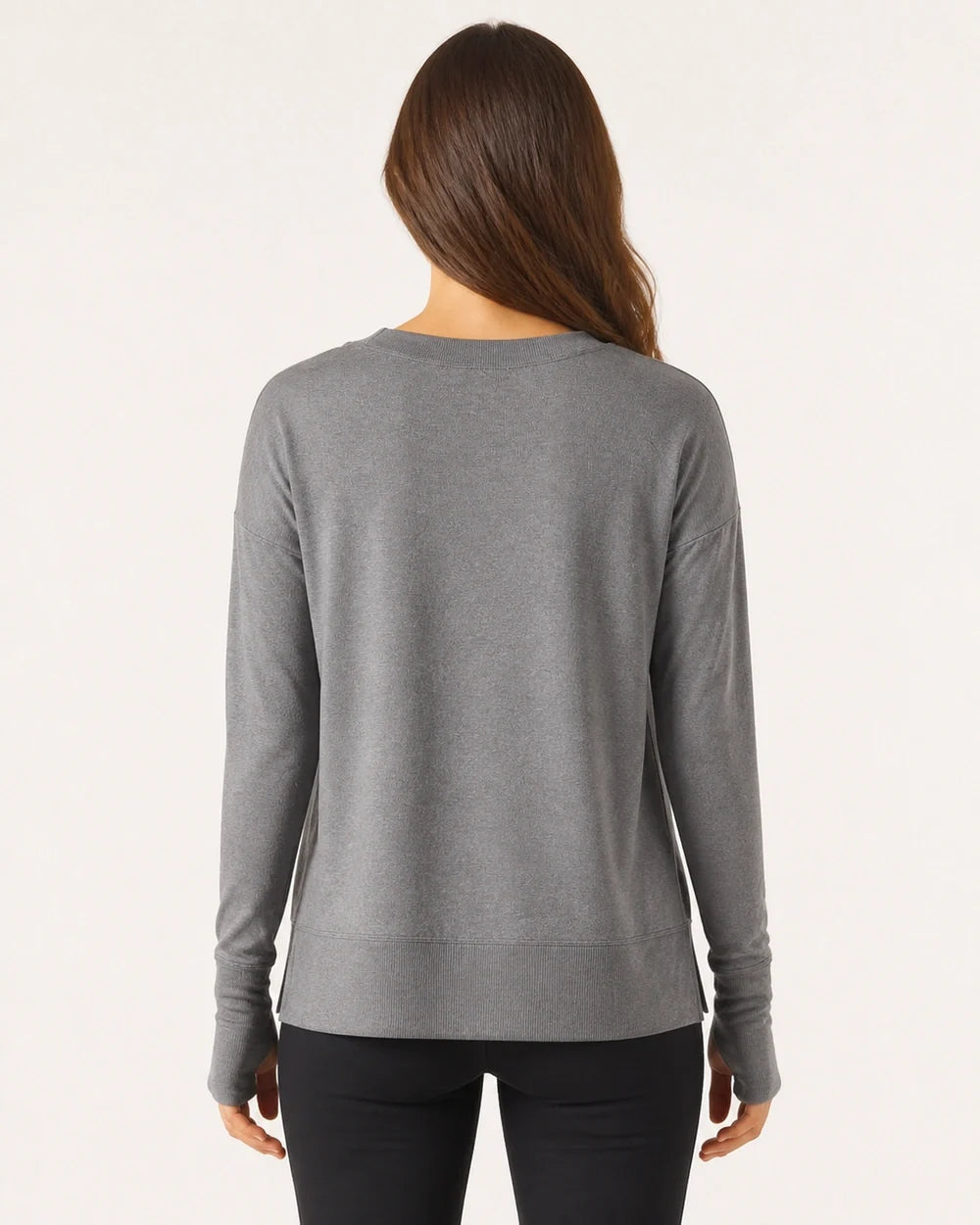 Women's charcoal dolman thumbhole pullover, true back view