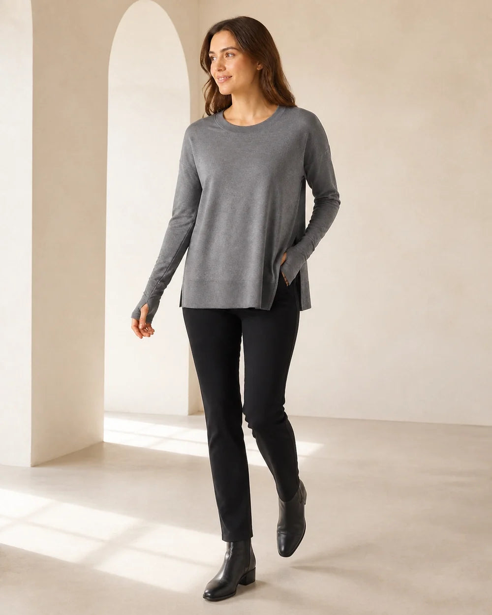 Women's charcoal dolman thumbhole pullover, walking lifestyle view