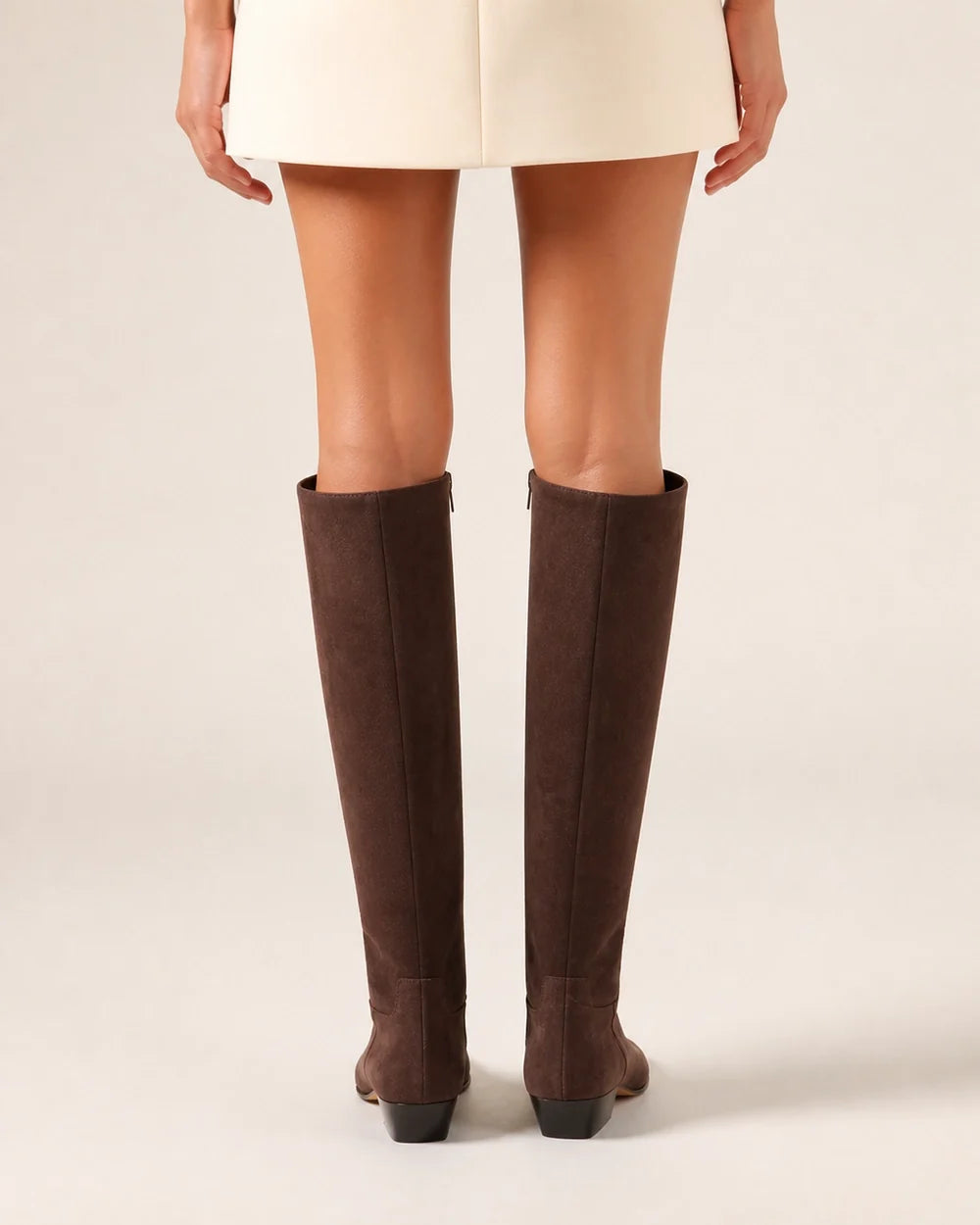 Chocolate square-toe knee-high boots, rear view