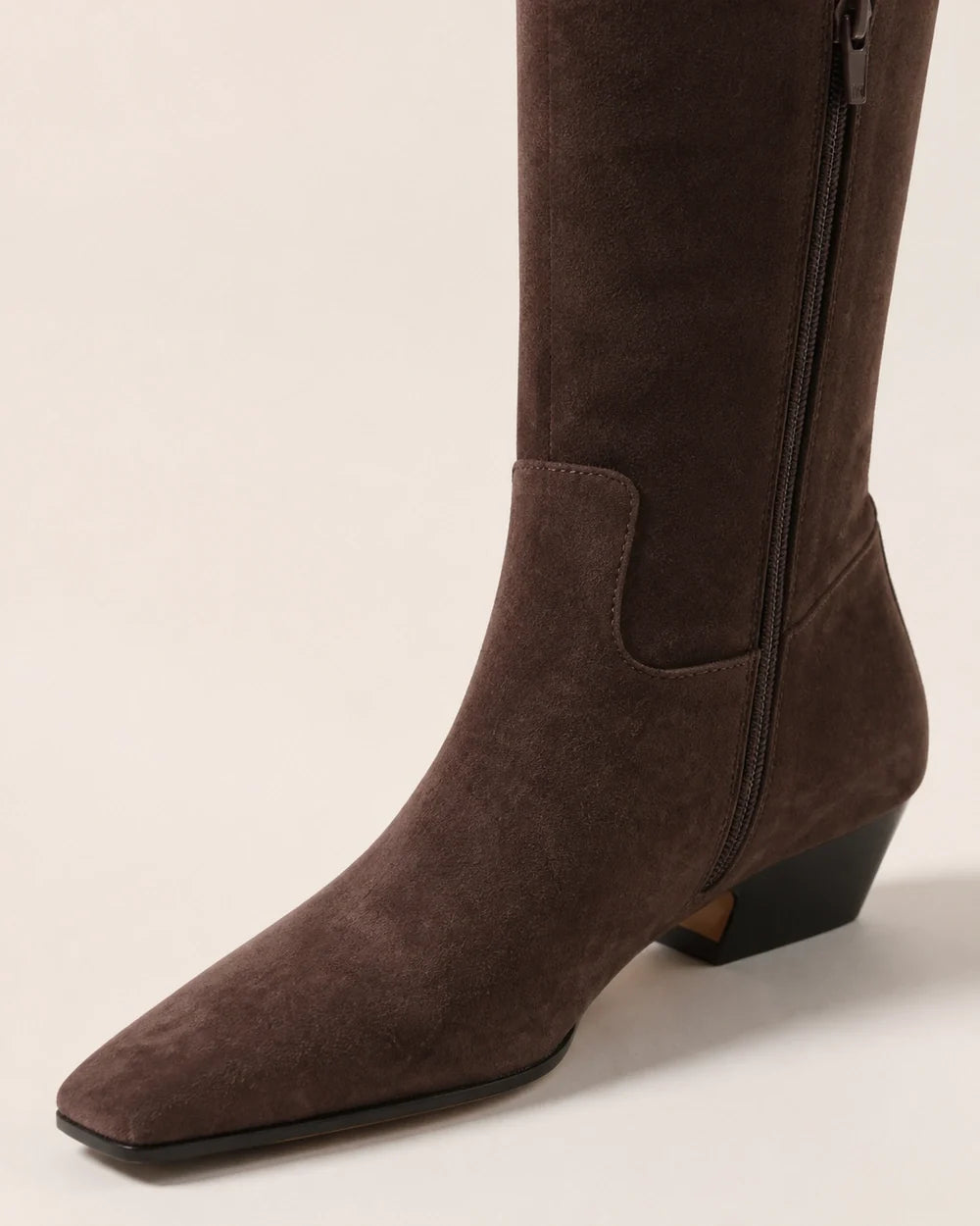 Chocolate square-toe knee-high boots, detail view