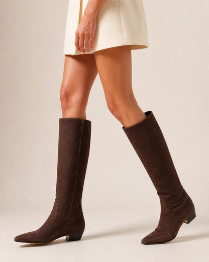 Chocolate square-toe knee-high boots, movement view