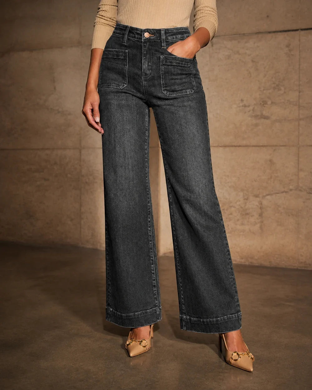 Women black high-waisted column jeans hero