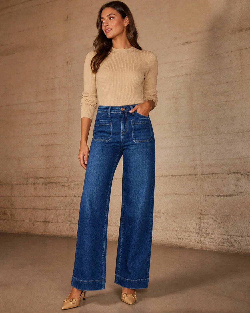 Women deep blue high-waisted column jeans hero