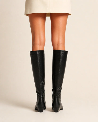 Cool-black square-toe knee-high boots, rear view