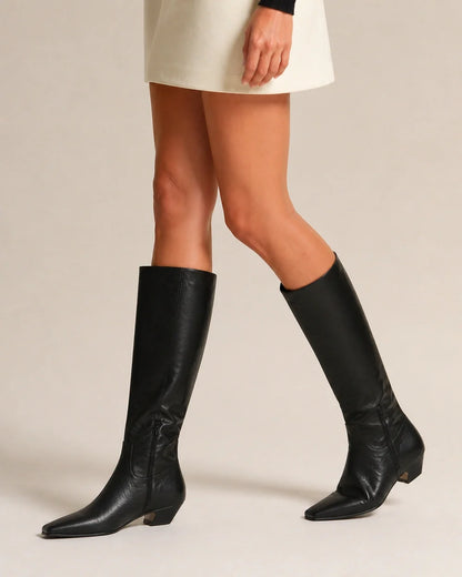 Cool-black square-toe knee-high boots, movement view