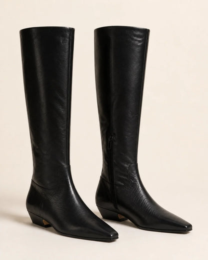 Cool-black square-toe knee-high boots, product-only view
