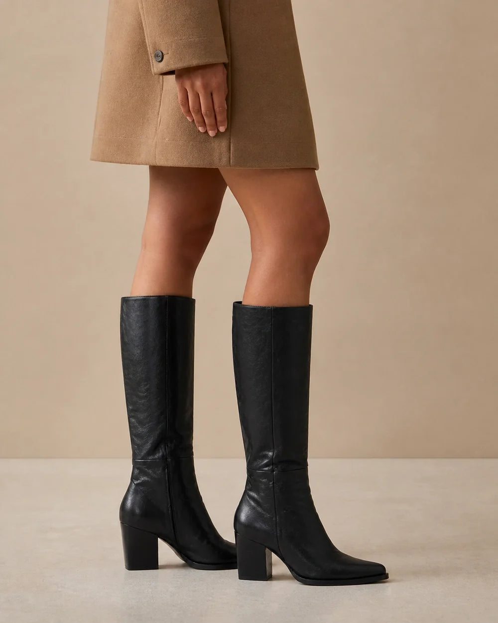 Black pointed-toe knee-high boots, profile view