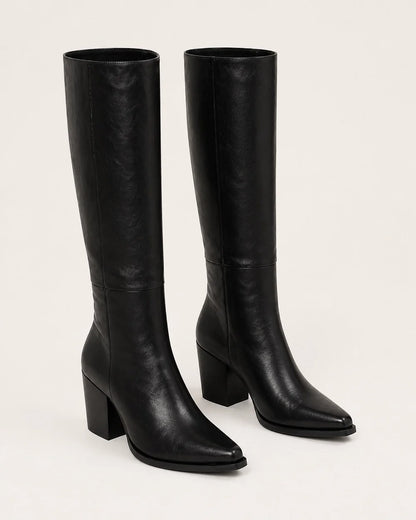 Black pointed-toe knee-high boots, product-only view