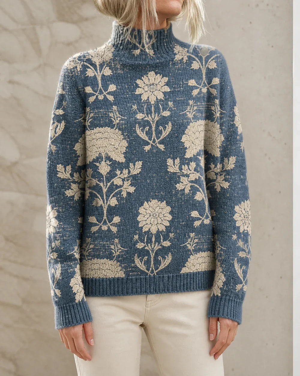 Women's slate blue floral turtleneck sweater, product-first worn front view