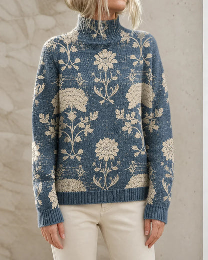 Women's slate blue floral turtleneck sweater, product-first worn front view