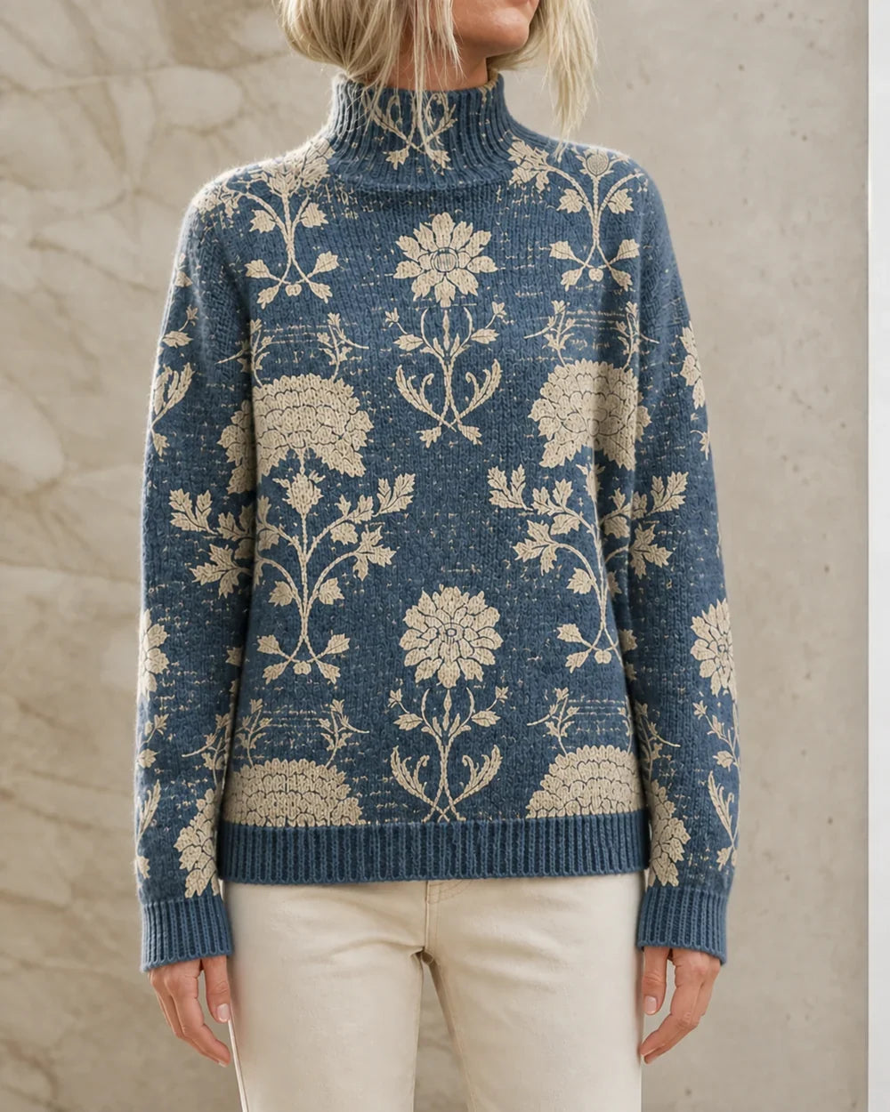 Women's slate blue floral turtleneck sweater, straight front view
