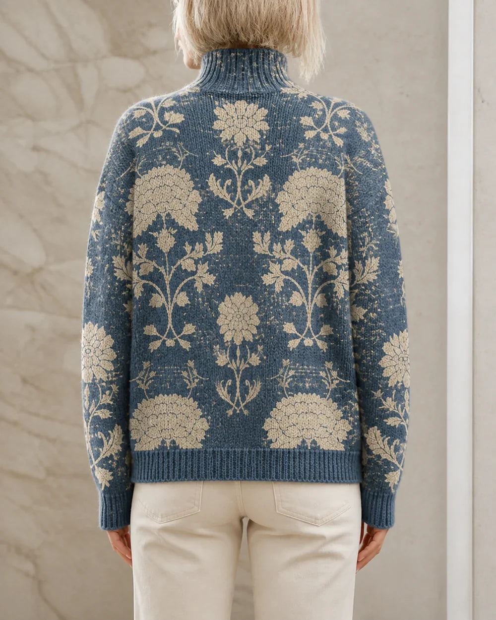 Women's slate blue floral turtleneck sweater, true back view
