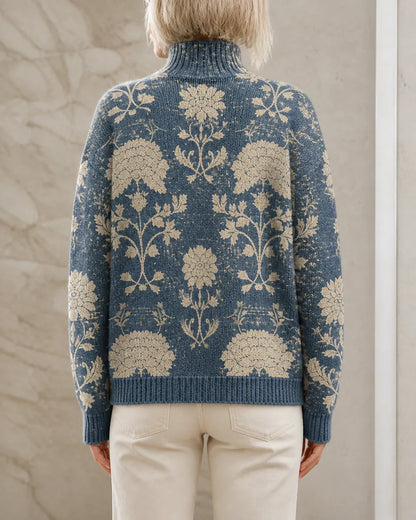 Women's slate blue floral turtleneck sweater, true back view
