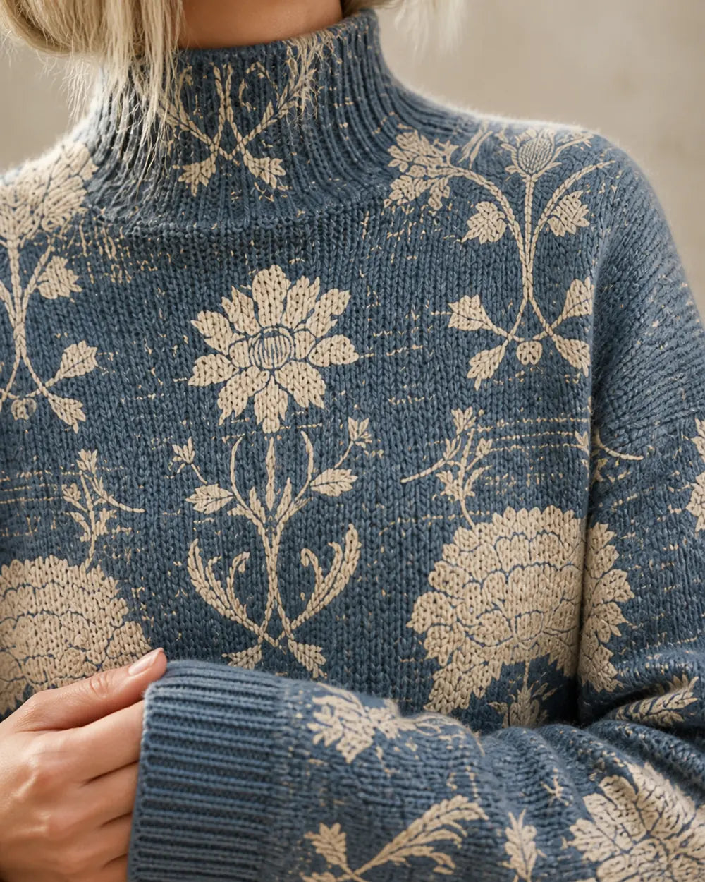 Women's slate blue floral turtleneck sweater, collar cuff and knit detail