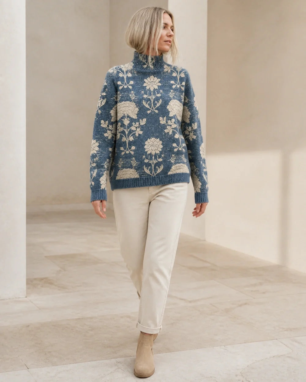 Women's slate blue floral turtleneck sweater, walking lifestyle view
