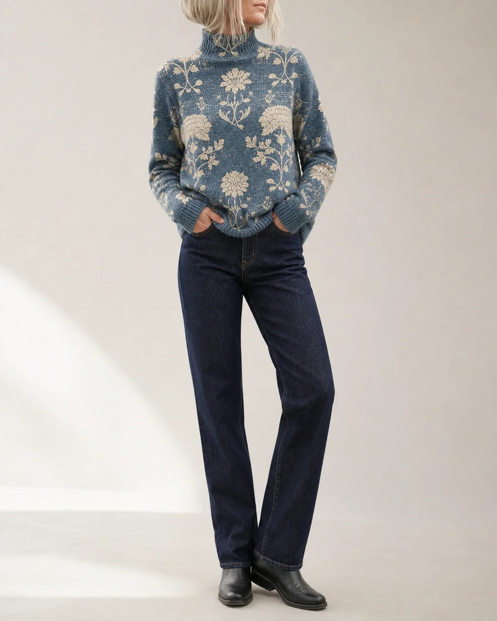 Women's slate blue floral turtleneck sweater styled with dark denim