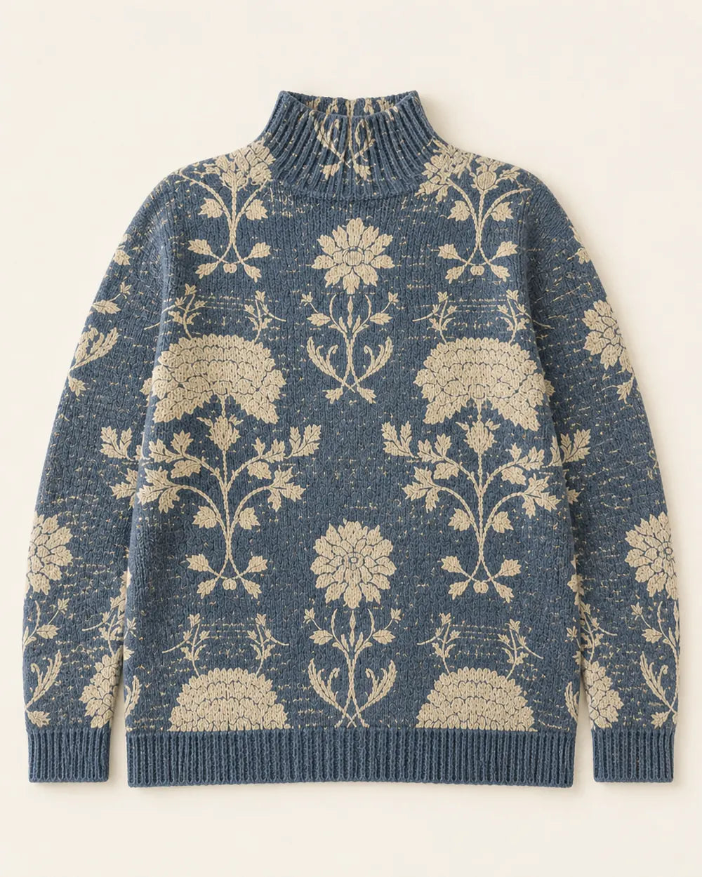 Women's slate blue floral turtleneck sweater, product-only flat lay