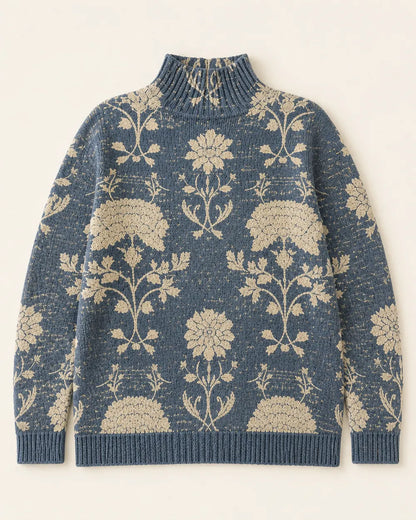 Women's slate blue floral turtleneck sweater, product-only flat lay