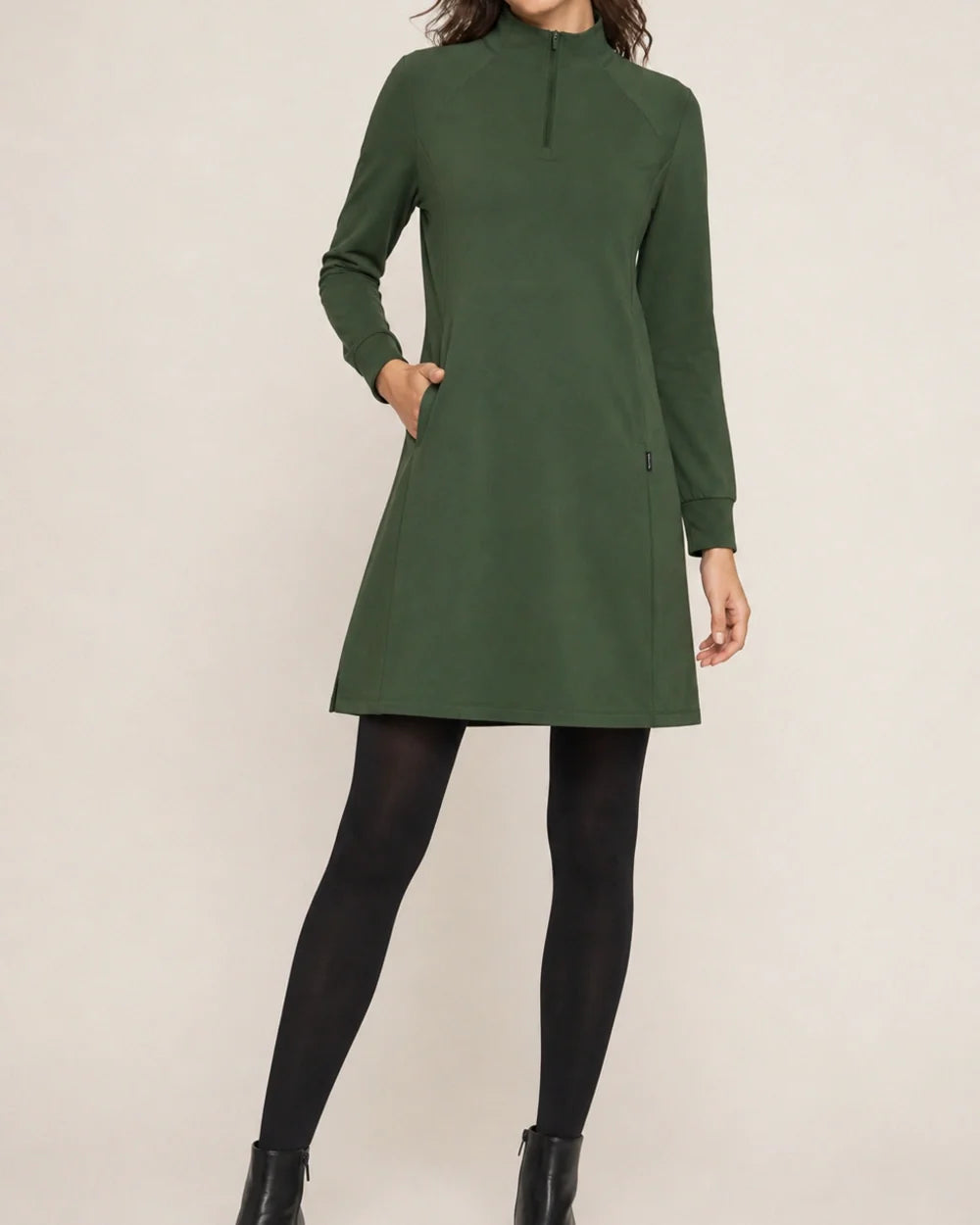 Army Green high-neck half-zip knit dress worn front three-quarter
