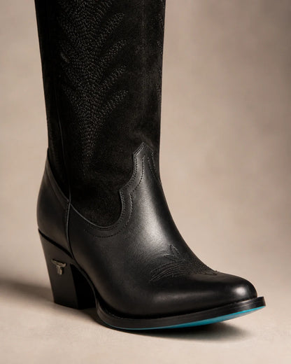 Jet-black leather and suede Western knee-high boots, detail view