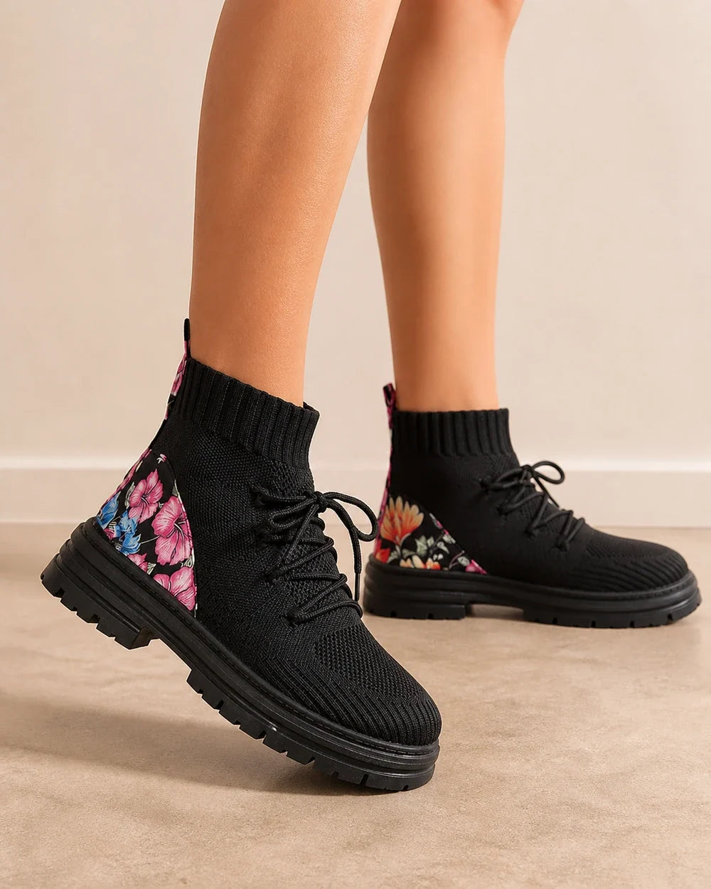 Black knit sock ankle boots side profile