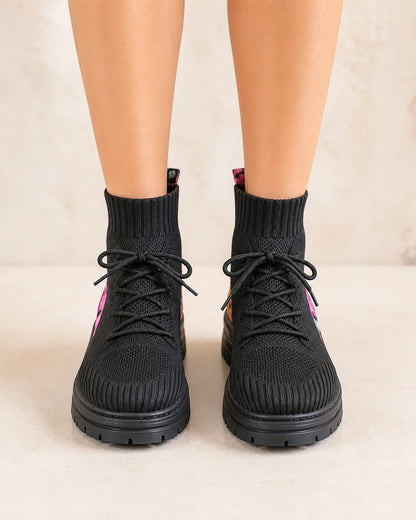 Black knit sock ankle boots front view