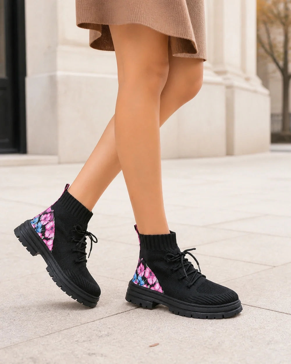 Black knit sock ankle boots lifestyle view