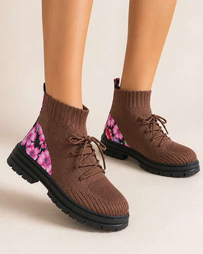 Khaki knit sock ankle boots worn view