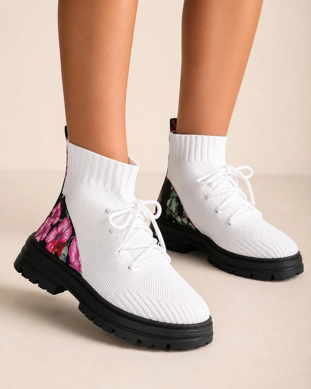 White knit sock ankle boots worn view