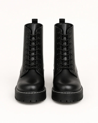Black lace-up winter ankle boots for women, front view