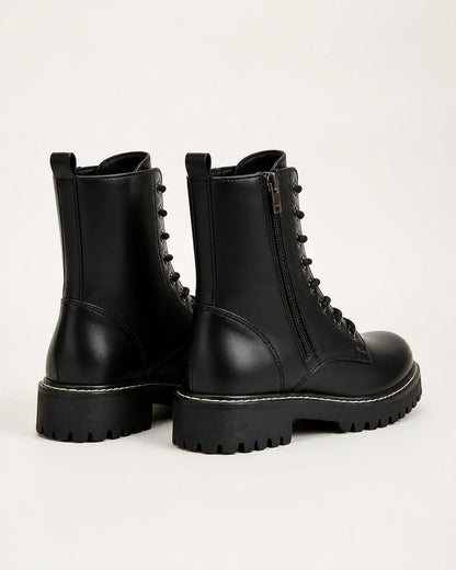 Black lace-up winter ankle boots for women, rear and side-zip view